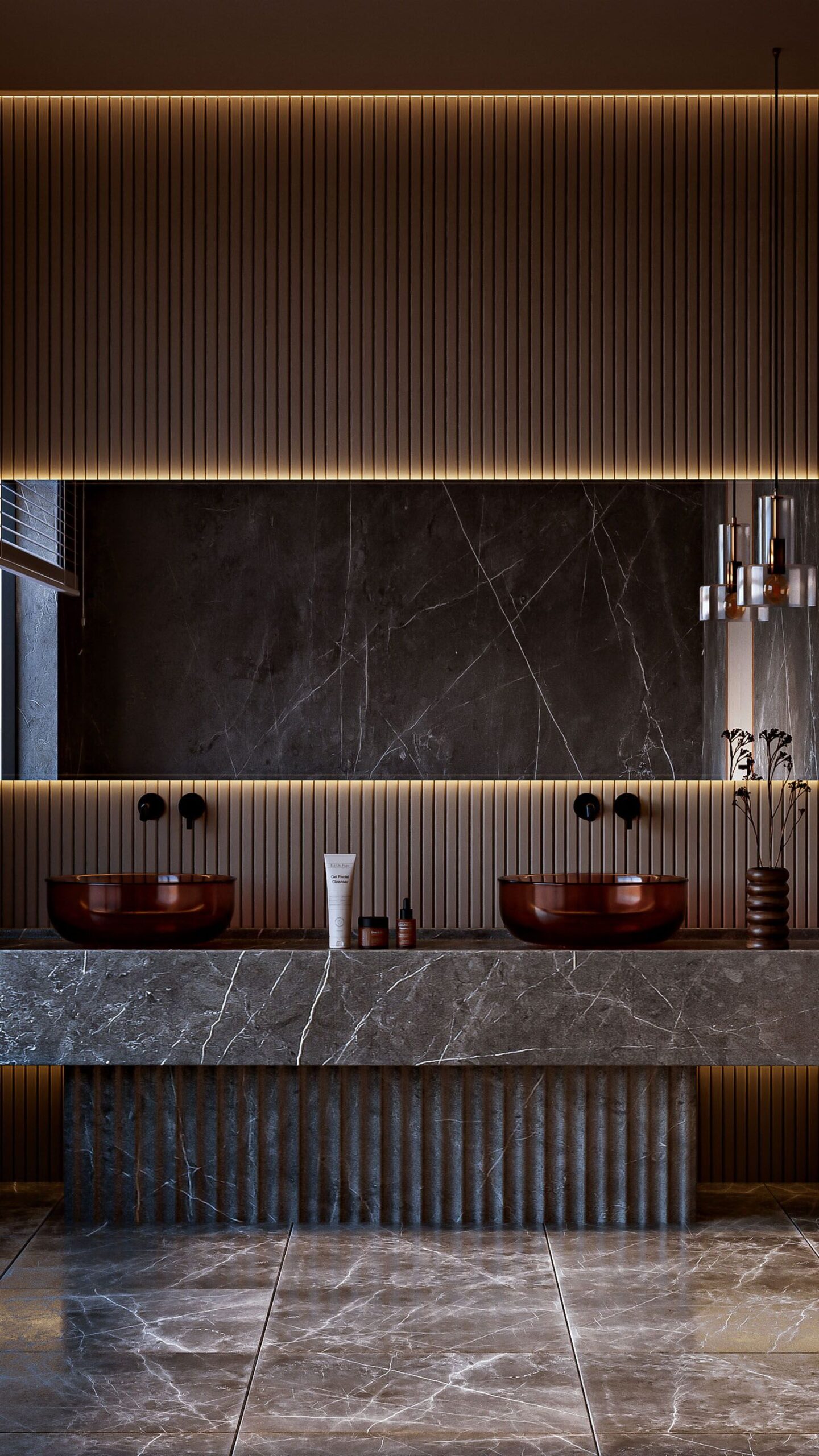 Salle de bain moderne avec meuble vasque et éclairage intégré