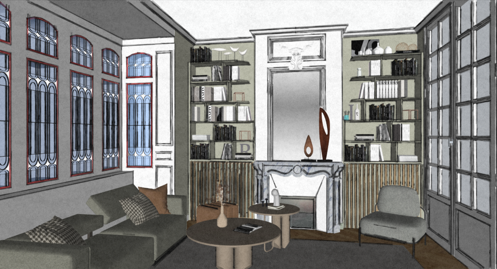 Projet d'aménagement intérieur avec bibliothèques sur mesure de part et d'autre d'une cheminée ancienne