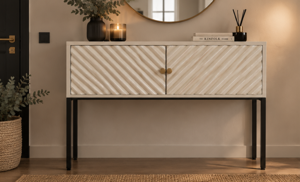 Meuble relooké avec portes à motifs diagonaux, finition blanche et poignées rondes