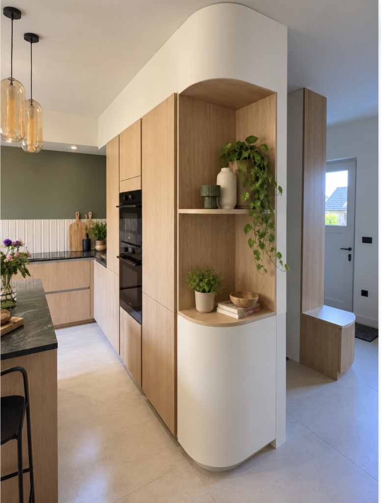 Agencement de cuisine avec colonne décorative sur mesure, niches ouvertes et étagères aux formes arrondies