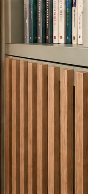 Détail des lames verticales style claustra pour cacher le radiateur