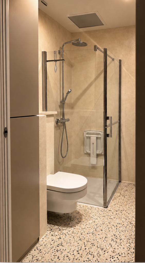 Douche aménagée dans une petite salle de bain avec paroi vitrée et équipements sanitaires