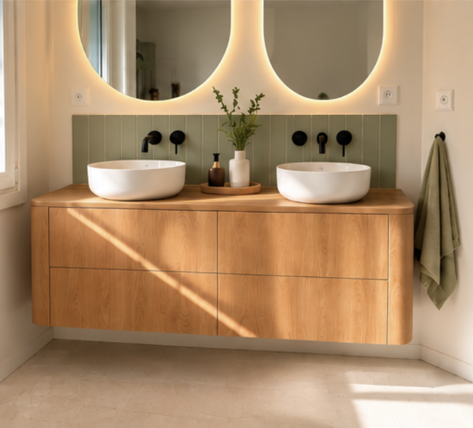 Salle de bain rénovée avec meuble double vasque en bois, miroirs ronds rétroéclairés et robinetterie noire