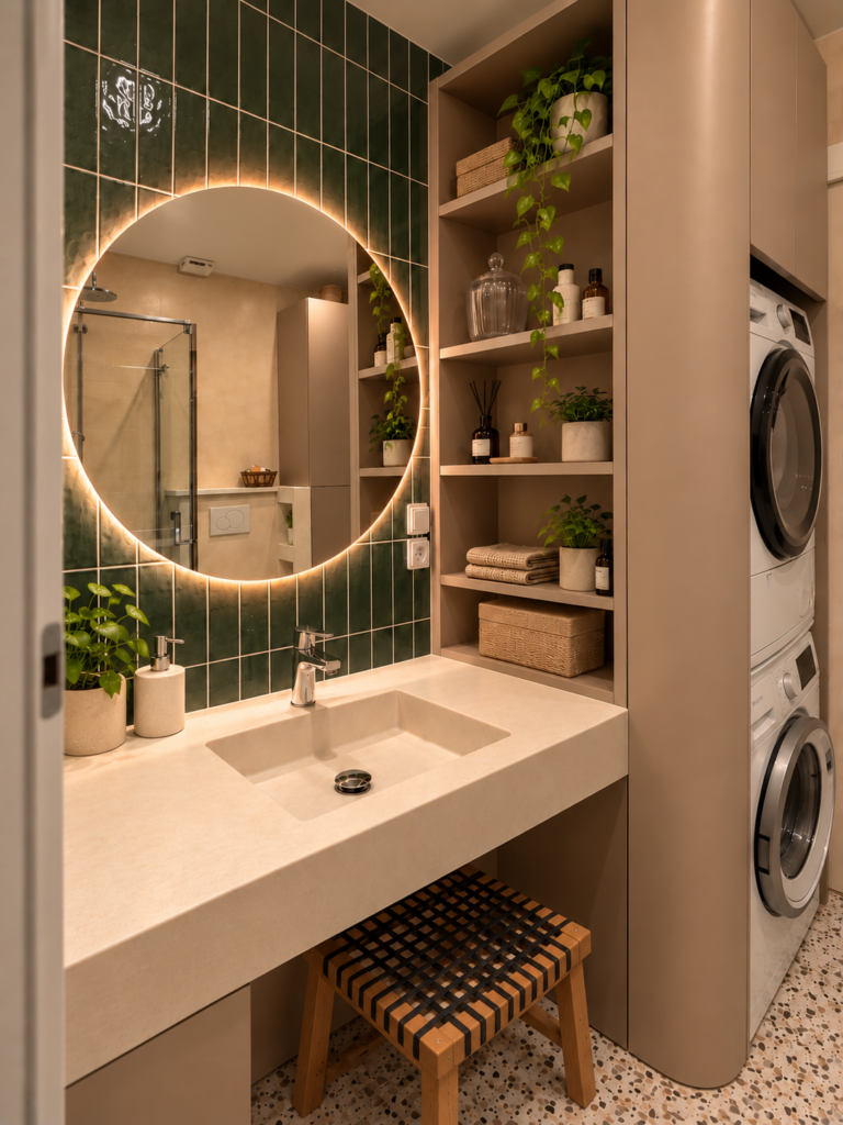 Aménagement sur mesure intégrant un lave-linge et des rangements dans une salle de bain