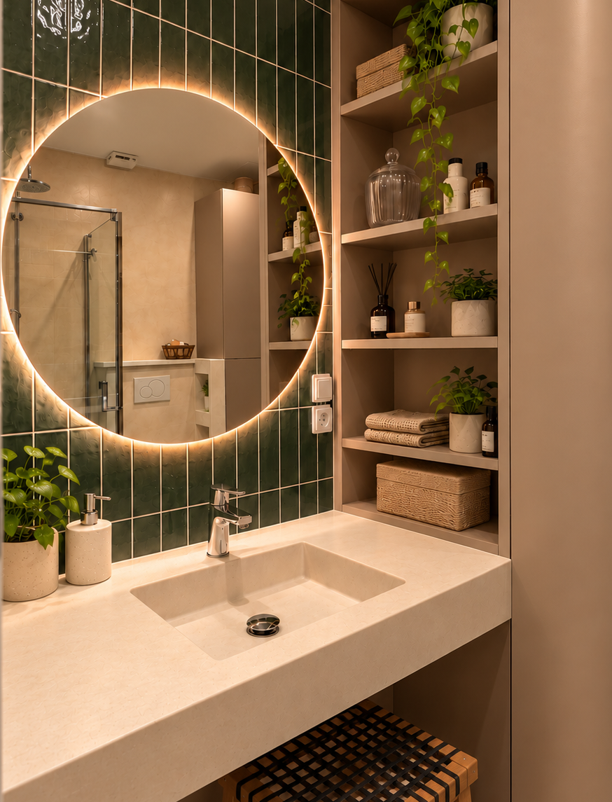 Miroir rond rétroéclairé et étagères de rangement intégrées dans une petite salle de bain