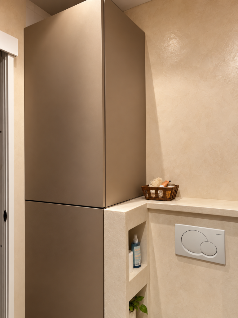 Meuble de rangement sur mesure intégré dans une salle de bain étroite